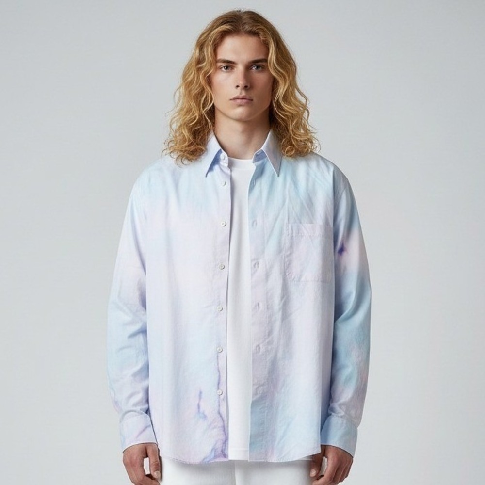 Pierre Cardin Mens Tie Dye Watercolor Button Down Shirt Blue Purple 17.5 34/35